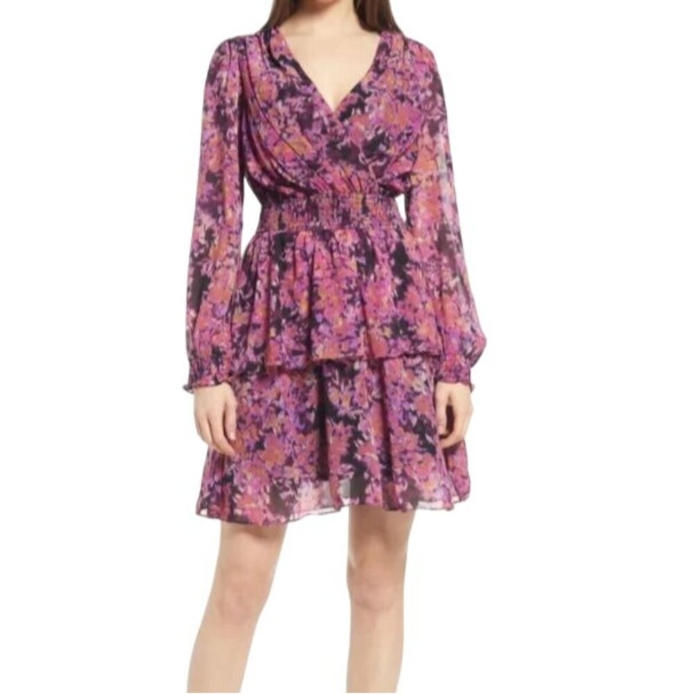 NEW VERO MODA Britt Ruffle Long Sleeve Dress in Black/Purple Multi,‎ Size M